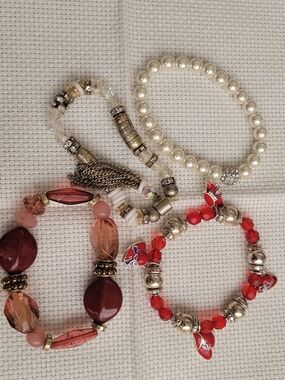 Pearl and Red Beaded Charm Bracelet Set - Women Jewelry